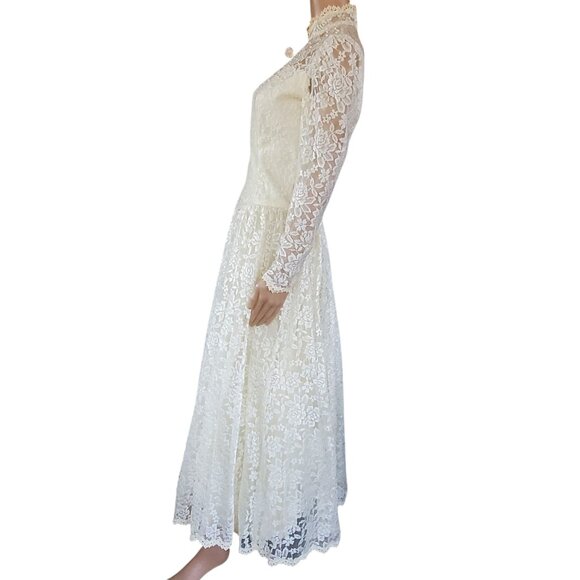 Vintage Victorian Wedding Dress XS Maxi Cream Lace Beads Tulle Lined Zip USA - Picture 8 of 15